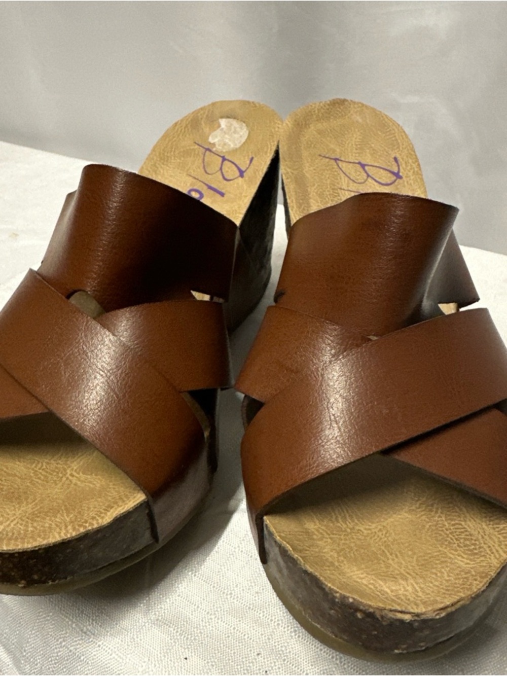 Blowfish Brown Crisscross Leather Wedge Mules